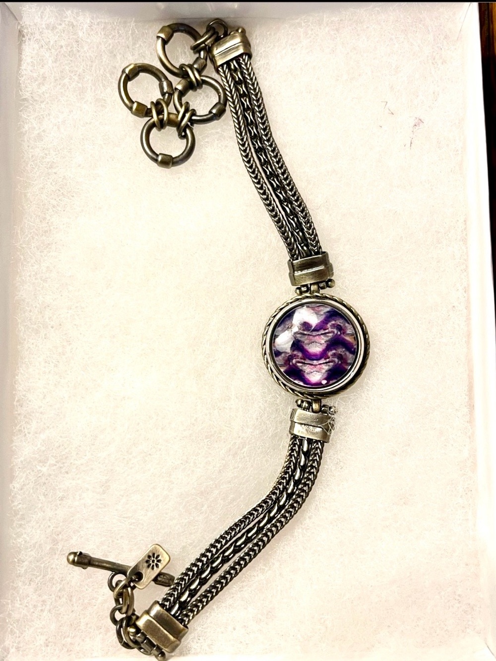 GingerSnap Silver-Tone Multi-Strand Chain Bracelet with Purple Snap Charm